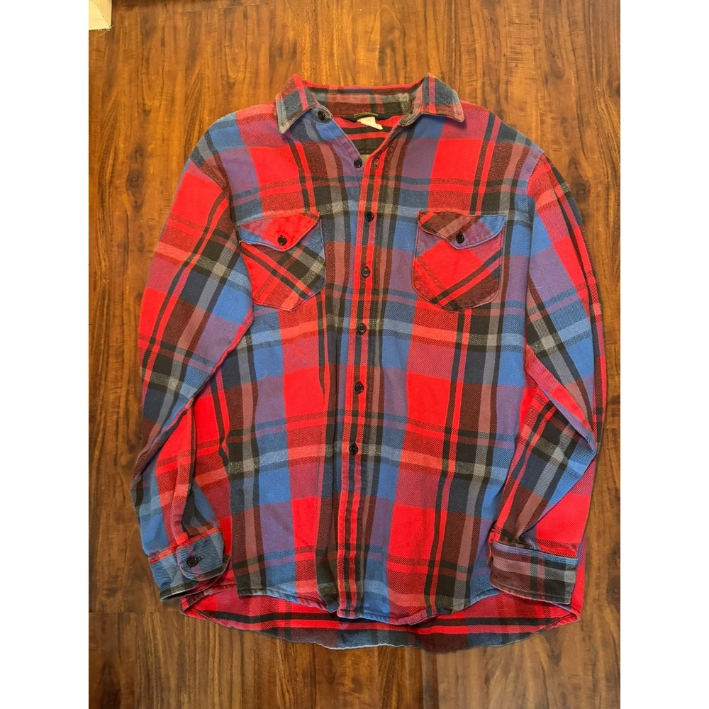 Oshkosh B'Gosh Flannel Shirt Men SZ XL Red Blue Black Plaid 100% Cotton Vintage